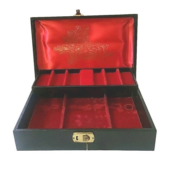 VTG MCM Black & Gold-tone Art Deco   2 Tiered Jewelry Box Red Velvet Interior - Picture 1 of 9